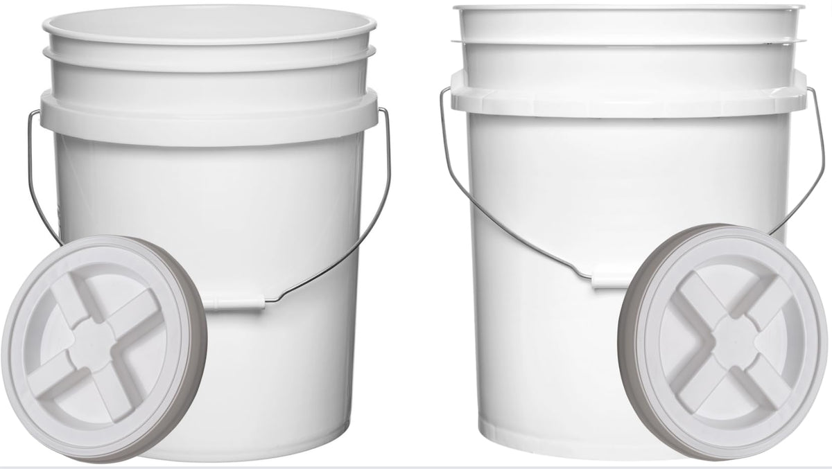 House Naturals Food Grade 5 Gallon Made in USA Plastic Bucket with Air Tight Screw on Lid (White Buckets with Red Lids)