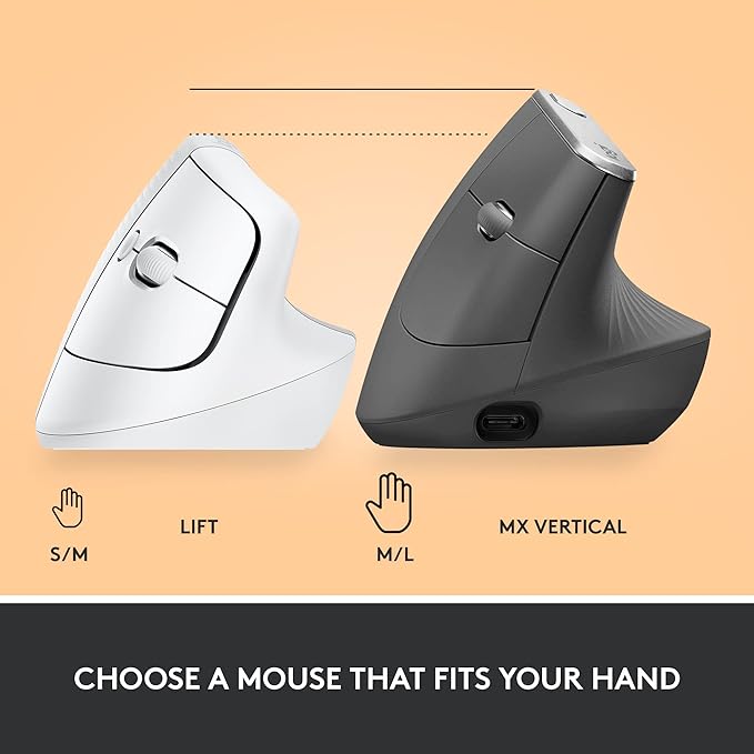 Logitech Lift Vertical Ergonomic Mouse, Wireless, Bluetooth or Logi Bolt USB Receiver, Quiet clicks, 4 Buttons, Compatible with Windows/macOS/iPadOS, Laptop, PC - Off White