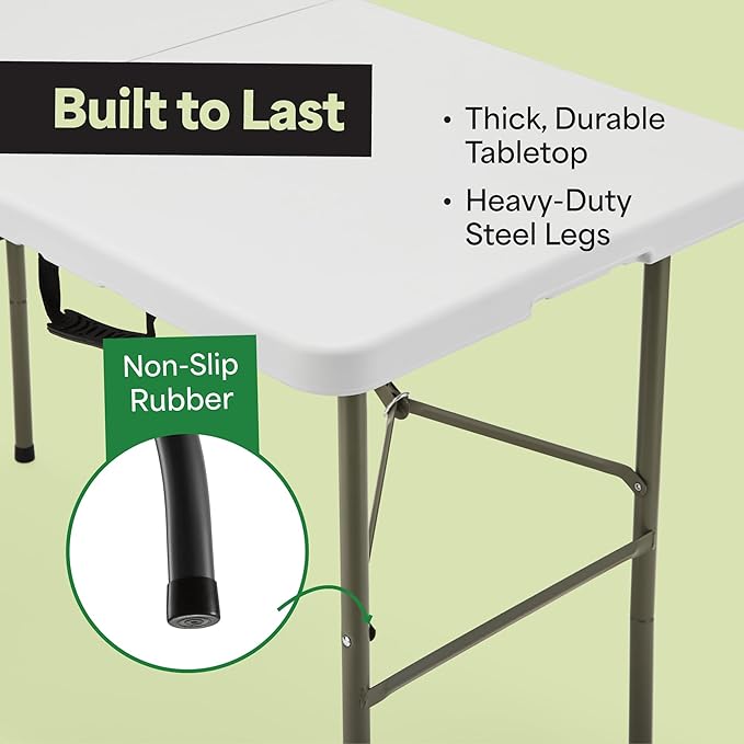 EconoHome White 4ft Folding Table with Handle | Heavy-Duty Foldable Table | Portable Table for Indoor & Outdoor Use | Perfect for Events, Camping, Parties, Dining & More