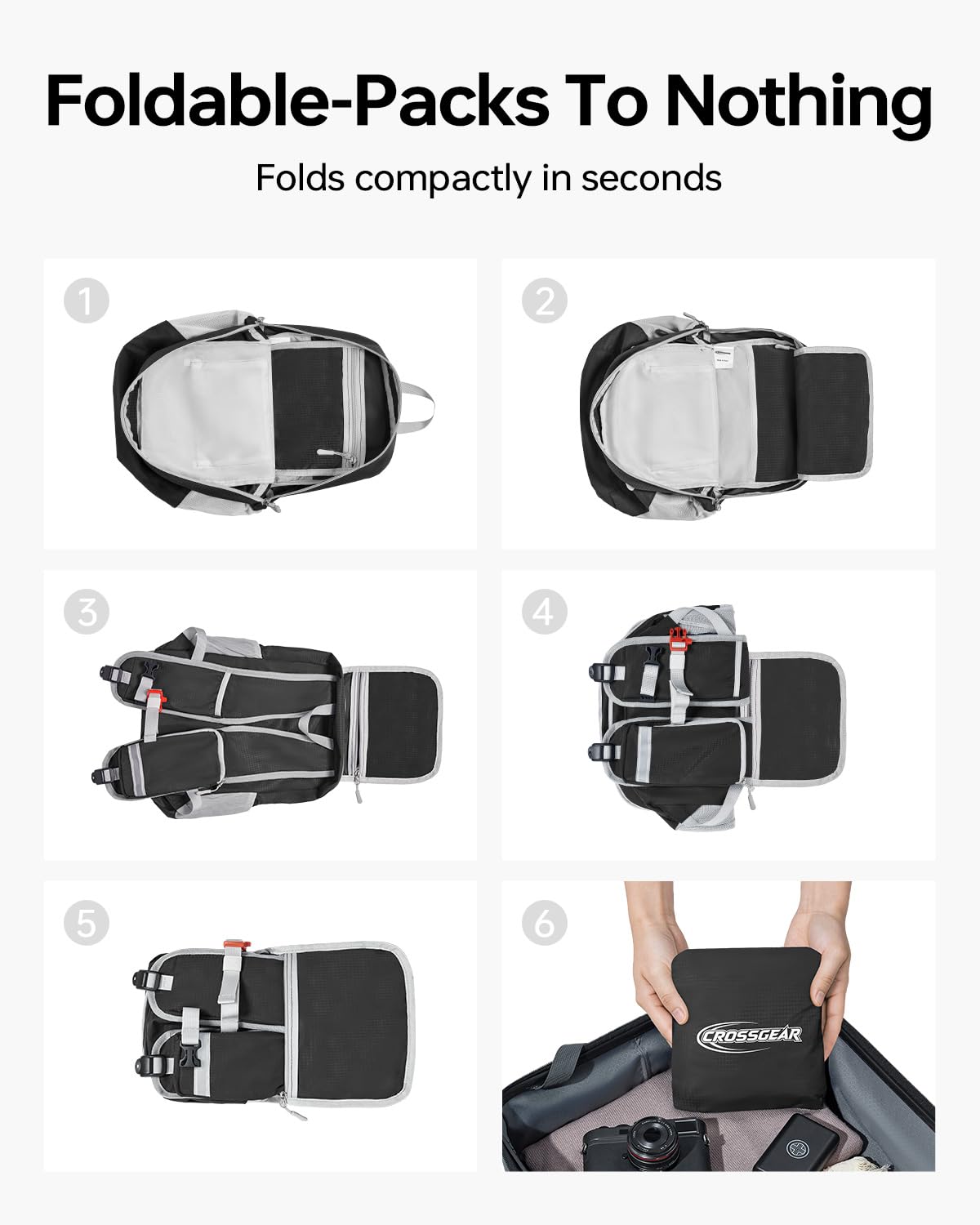 CROSSGEAR 24L Hiking Backpack, Lightweight Foldable Packable Daypack with RFID Pocket, Multi-Pocket, Nylon Small Travel Backpack, Water Resistant for Travel, Camping, Outdoor, Black