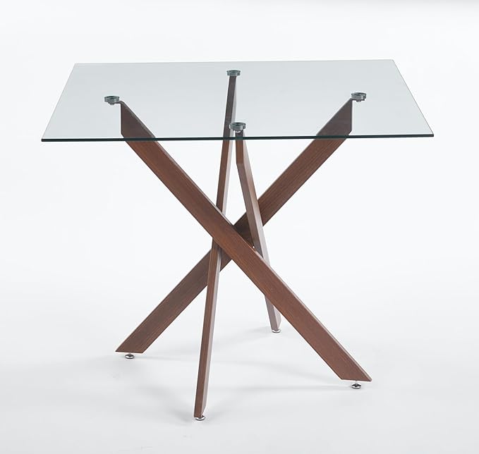 36" Square Dining Table for 4, Modern Glass Kitchen Table for 4 with Walnut X Metal Legs, Contemporary Small Glass Dining Room Leisure Tables for Kitchen Apartment