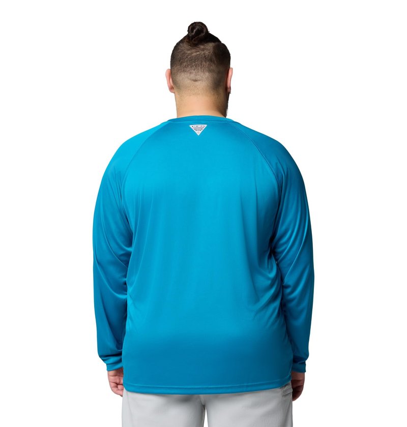Columbia Men's PFG Terminal Tackle Long Sleeve Fishing Shirt, Blue Echo/White Logo, Large