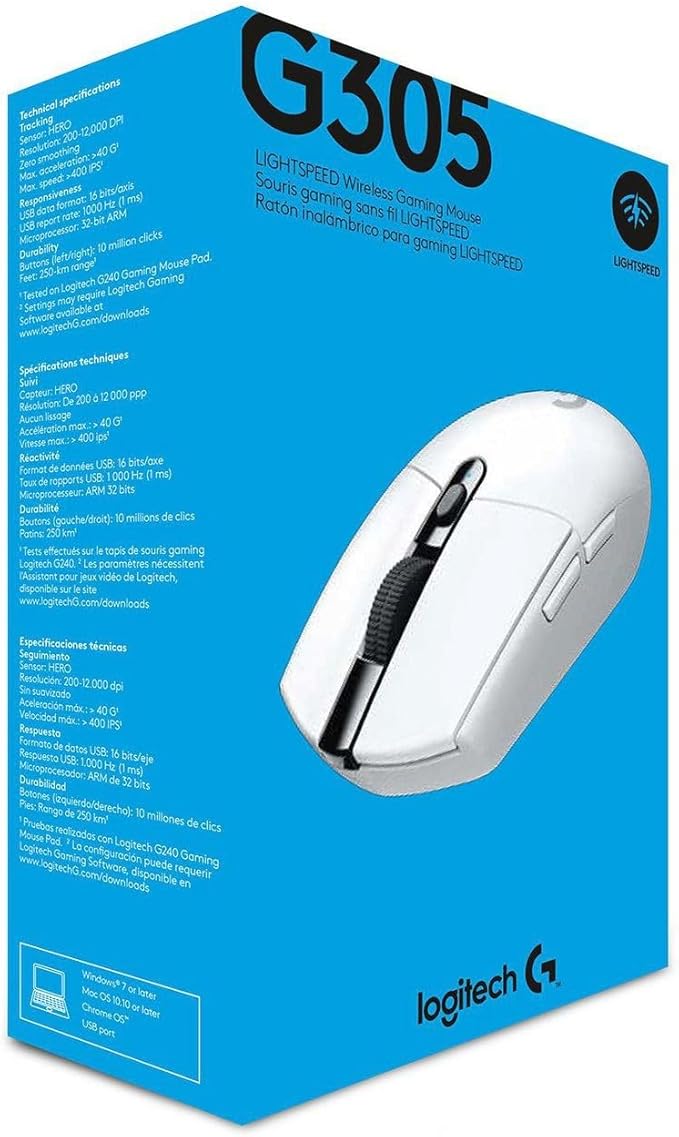 Logitech G305 Lightspeed Wireless Gaming Mouse, Hero 12K Sensor, 12,000 DPI, Lightweight, 6 Programmable Buttons, 250h Battery Life, On-Board Memory, PC/Mac - White