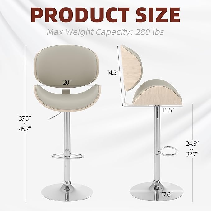 civama Bar Stools 1 PC for Kitchen Counter, Adjustable Bar Height Chairs, Modern Swivel Barstools with Bentwood Seat and Back with Footrest for Kitchen Island, Dining Room, Grey PU Leather