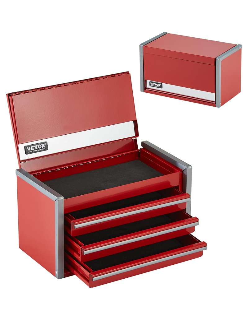 VEVOR Metal Tool Box, 8.6-inch, Portable Metal Tool Box with 3 Drawers, Small Tool Chest with EVA Liners and PP Feet Pads, Heavy-Duty Steel With Ball Bearing Opening and Powder Coated Finish, Red