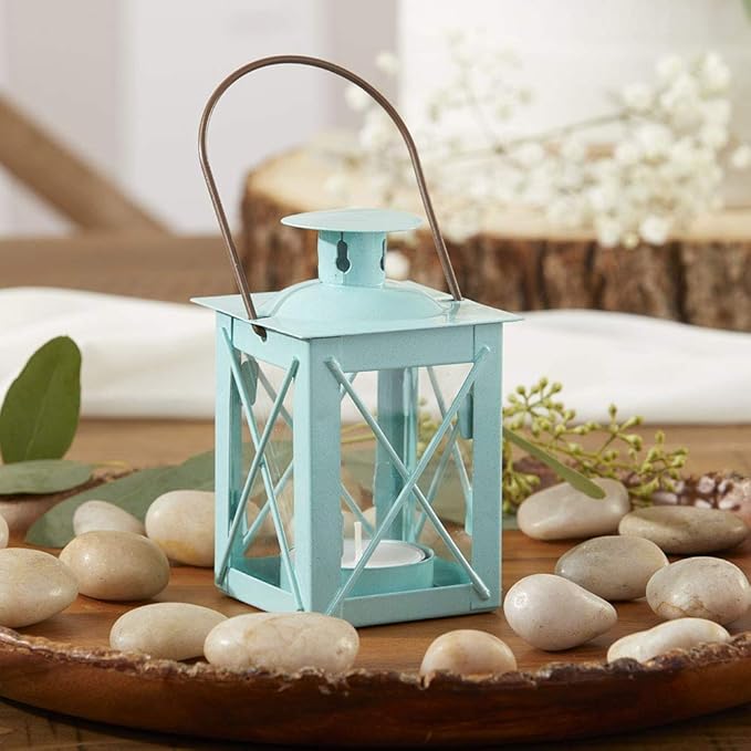 Kate Aspen Rustic Shelf Decor Luminous Vintage Tea Light Votive Candle Holders Metal Mini Decorative Lantern, Distressed Teal Blue (Pack of 2)