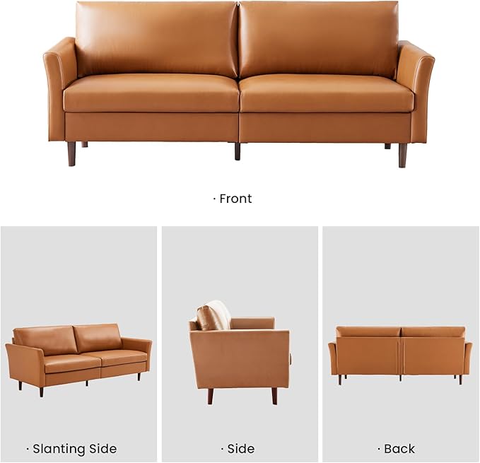 Kingfun Faux Leather 3 Seat Couch for Living Room, Mid Century Modern Sofa with Rolled Arms and Deep Seats, Fluffy Comfort for Apartment, Easy to Assemble, Mid Brown 80inch