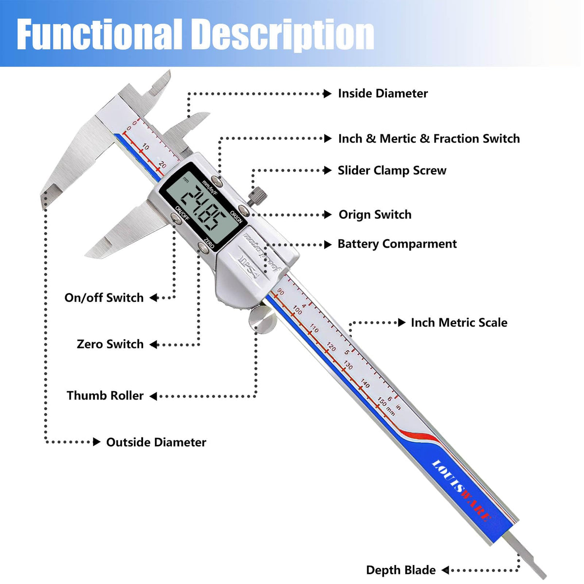 Digital Caliper Measuring Tool, IP54 Waterproof Stainless Steel Vernier Caliper Digital Micrometer with Large LCD Screen, Easy Switch from Inch Metric, 6 Inch Caliper Tool for DIY/Household