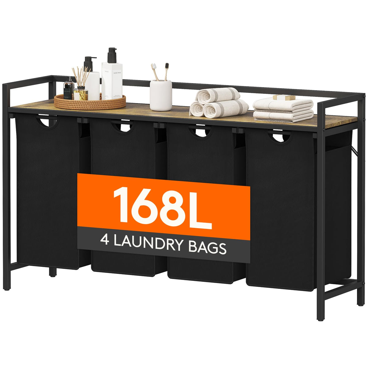 Lifewit Laundry Hamper 4 Section, 168L Pull out Laundry Clothes Basket Organizer with Large Top Shelf and 4 Removable Bags and Handles for Laundry Room Bedroom Bathroom, Black with A Shelf