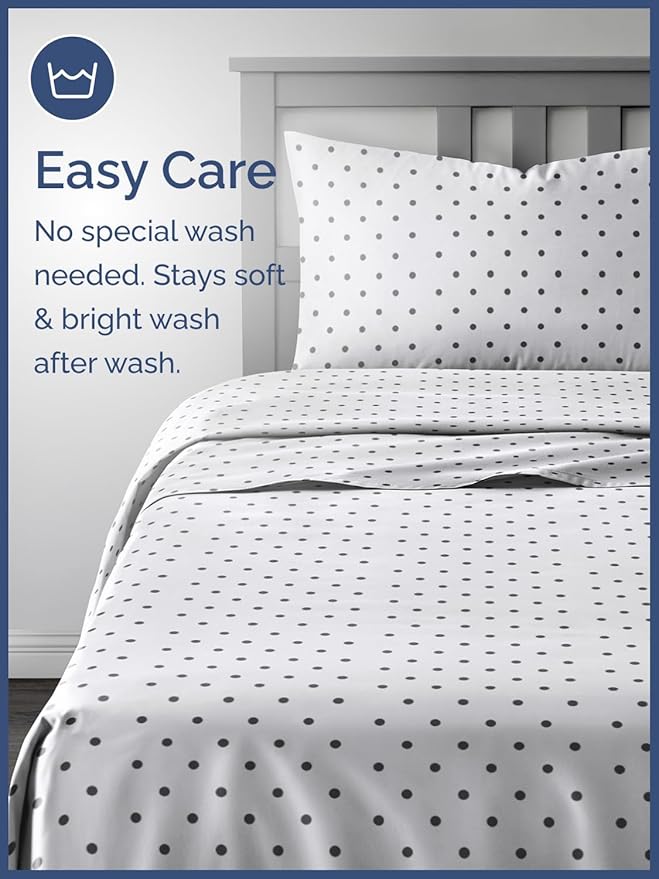 Kids Black Polka Dots Queen 4 Piece Sheet Set - Boys, Girls, Teens, Toddler - Easy Fit Deep Pockets - Breathable, Hotel Quality Sheets - Machine Washable - Wrinkle Free - Cute, Cozy, Soft - CGK Linens