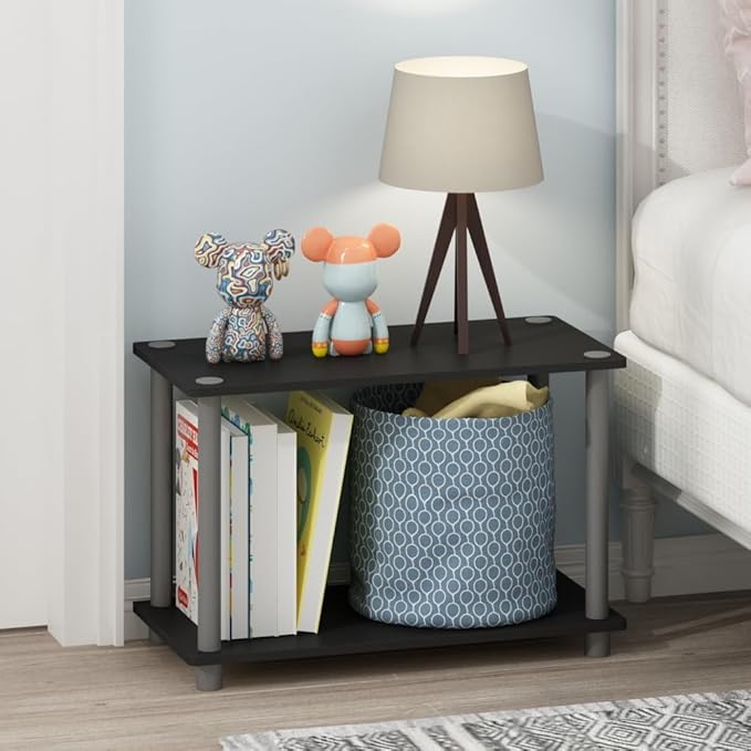 Furinno TURN-N-TUBE Side Table, 2-Tier Modern Rectangle End Table with Open Shelf, Night Stand, Bedside Table, Toolless Assembly, for Living Room, Bedroom, Black