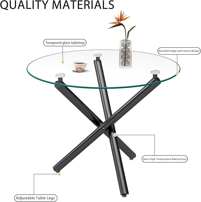 36" Round Glass Dining Room Table for 4 with Tempered Glass Top and Black Metal Tube Legs, Modern Clear Kitchen and Dinner Table for Home Office Dining Room