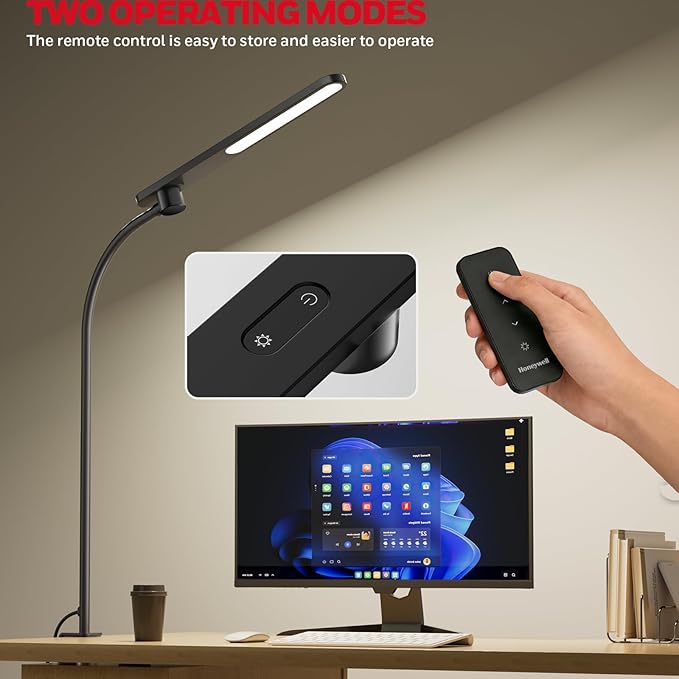 Honeywell HJ2 Gooseneck LED Desk Lamp with Clamp,3-Color Stepless Dimming.Flexible Metal Lamp Arm,CRI ≥ 97.Adjustable Small Desk Lamp for Home Office,Studying, Reading, Artists & Crafters (Black)