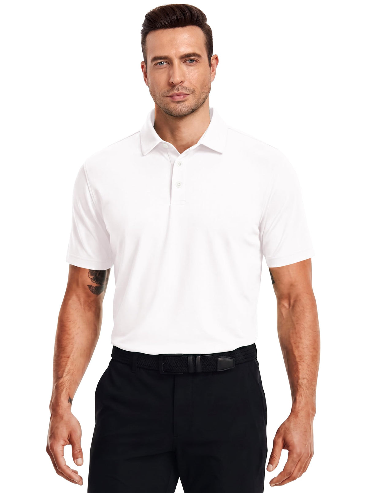 PEGENO Golf Shirts for Men Lightweight Moisture Wicking Short Sleeve Performance Dry Fit Active Mens Polo Shirts White L