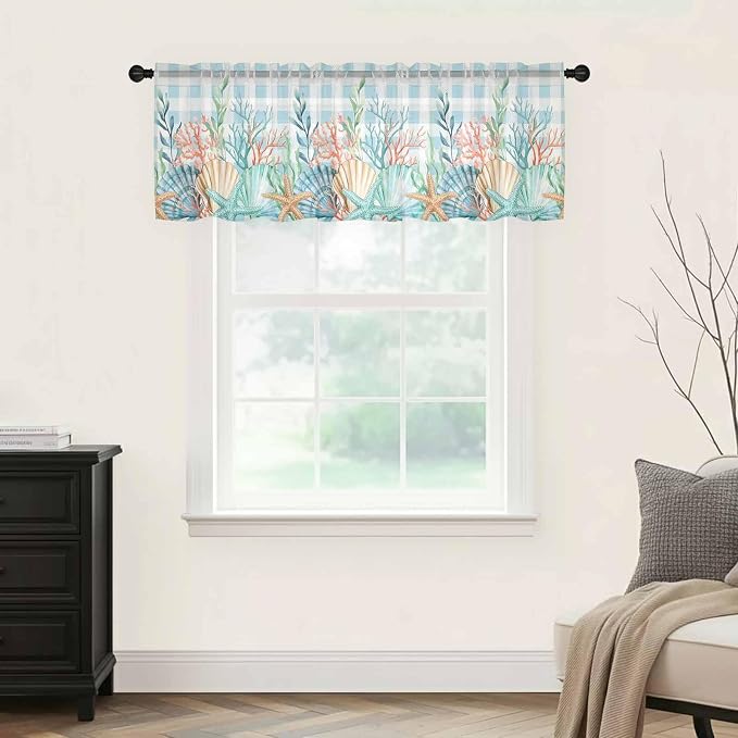 Summer Beach Sheer Valance Curtains, Ocean Colorful Coral Shell Seaweed