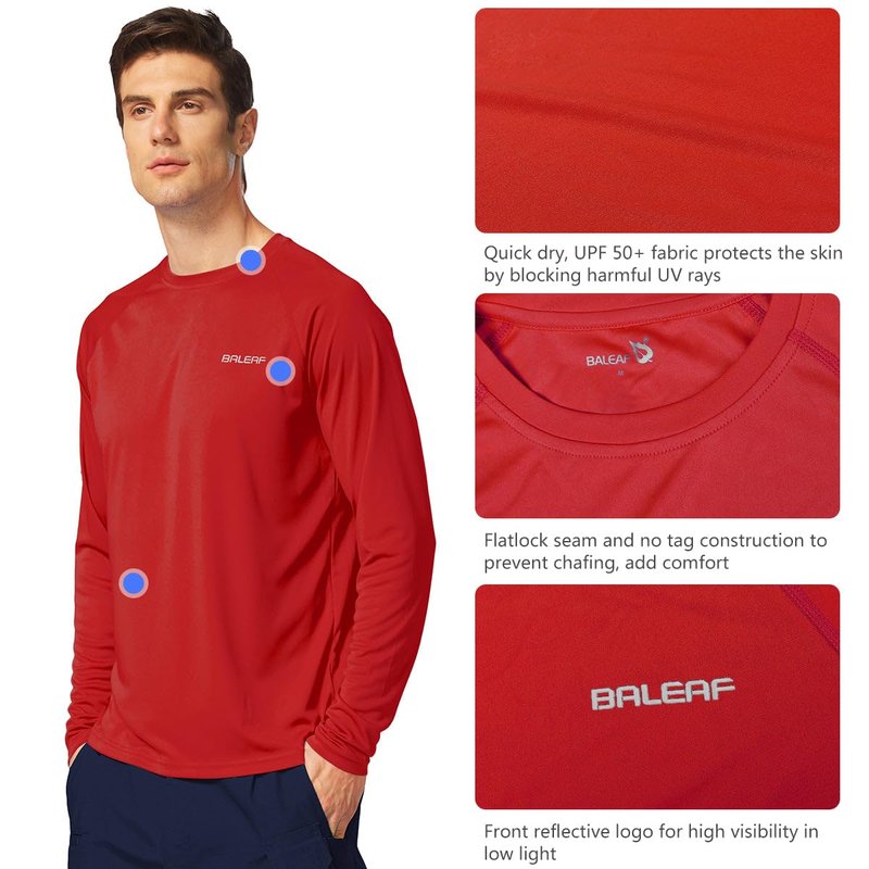 baleaf Mens UPF 50+ Sun Protection Shirts Long Sleeve Rash Guard, Quick Dry 4-Way Stretch for Fishing Swimming Surfing 01-Tomato XL