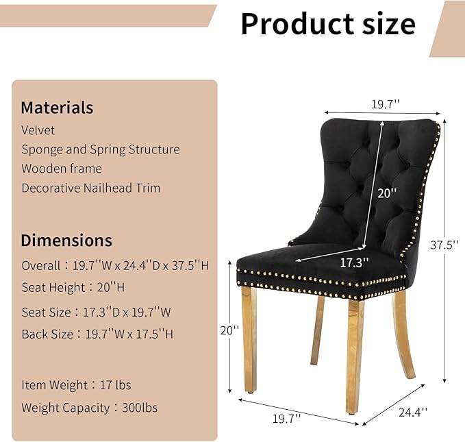 Luxury Upholstered Dining Chairs Set of 8, Black Kitchen Chair with Golden Metal Legs, Velvet Tufted Back Dining Chair, Sillas de Comedor, Modern Kitchen & Dining Room Chairs (Black, 8 Pcs)