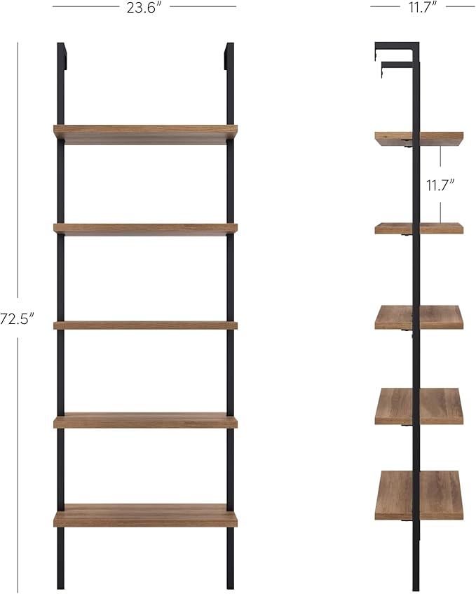 Nathan James Theo 5-Shelf Wood Modern Bookcase, Open Wall Mount Ladder Bookshelf with Industrial Black Metal Frame, Reclaimed Oak, Set of 3