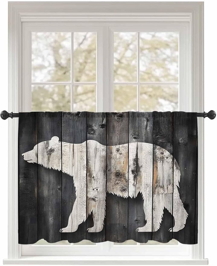 Sheer Curtains 45 Inch Length, Farmhouse Country Vintage Wood Grain Privacy