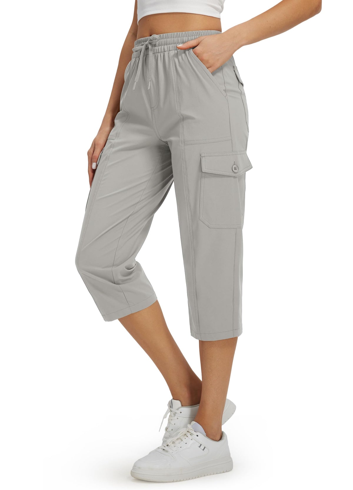 Libin Women's Capri Pants Cargo Capris Travel Hiking Casual Summer Cropped Pants Stretch Quick Dry Water Resistant, Light Gray L