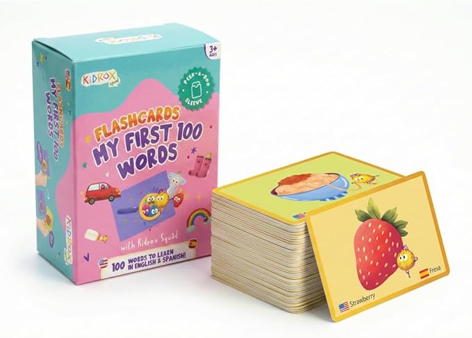 Kidrox My First 100 Words Flash Cards, English Vocabulary Cards with Spanish Translations, Interactive Pull Design