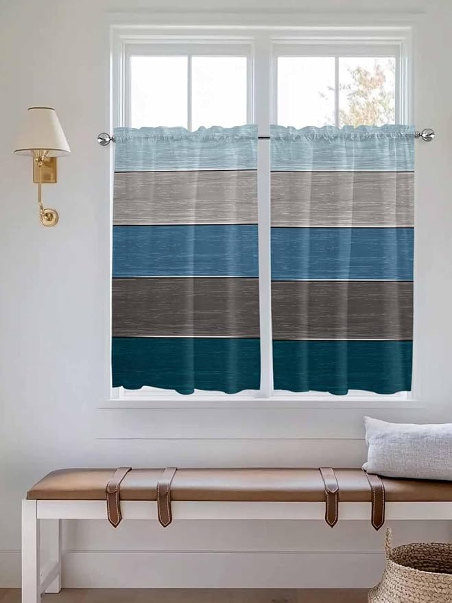 Retro Farm Blue Gray Wood Grain Window Valance Curtains, Rustic Wooden Plank