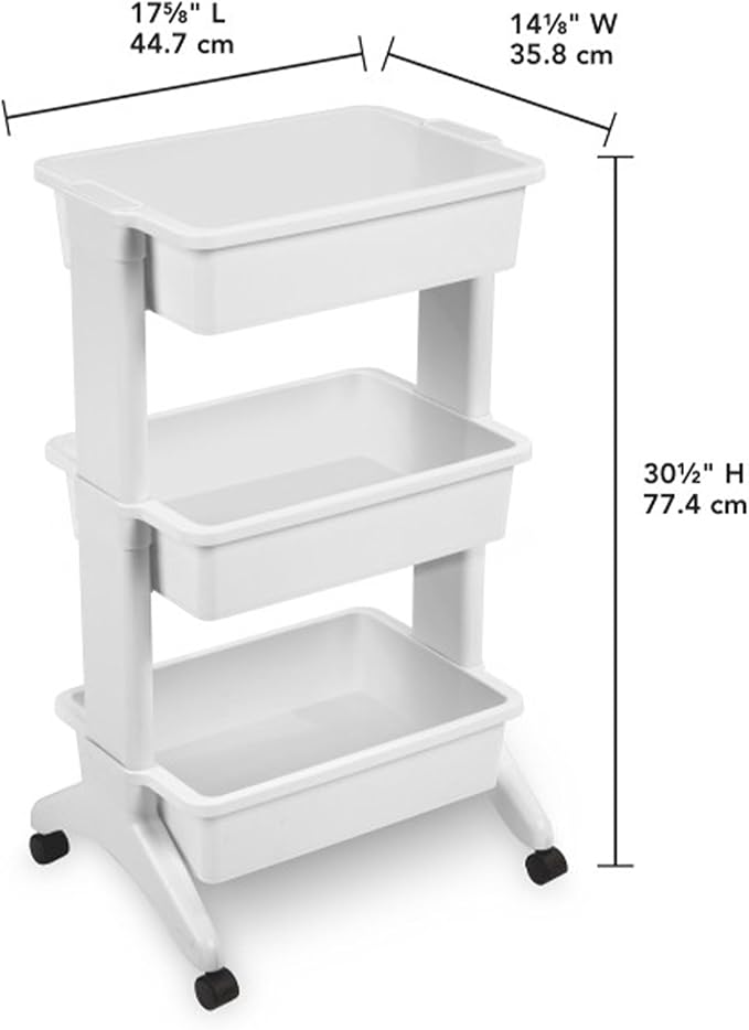 Sterilite 3 Tier Utility Cart Portable Storage Open Bin Organizer with 360 Degree Smooth Rolling Caster Wheels, Supports 10 lb Per Tier, White, 3-Pack