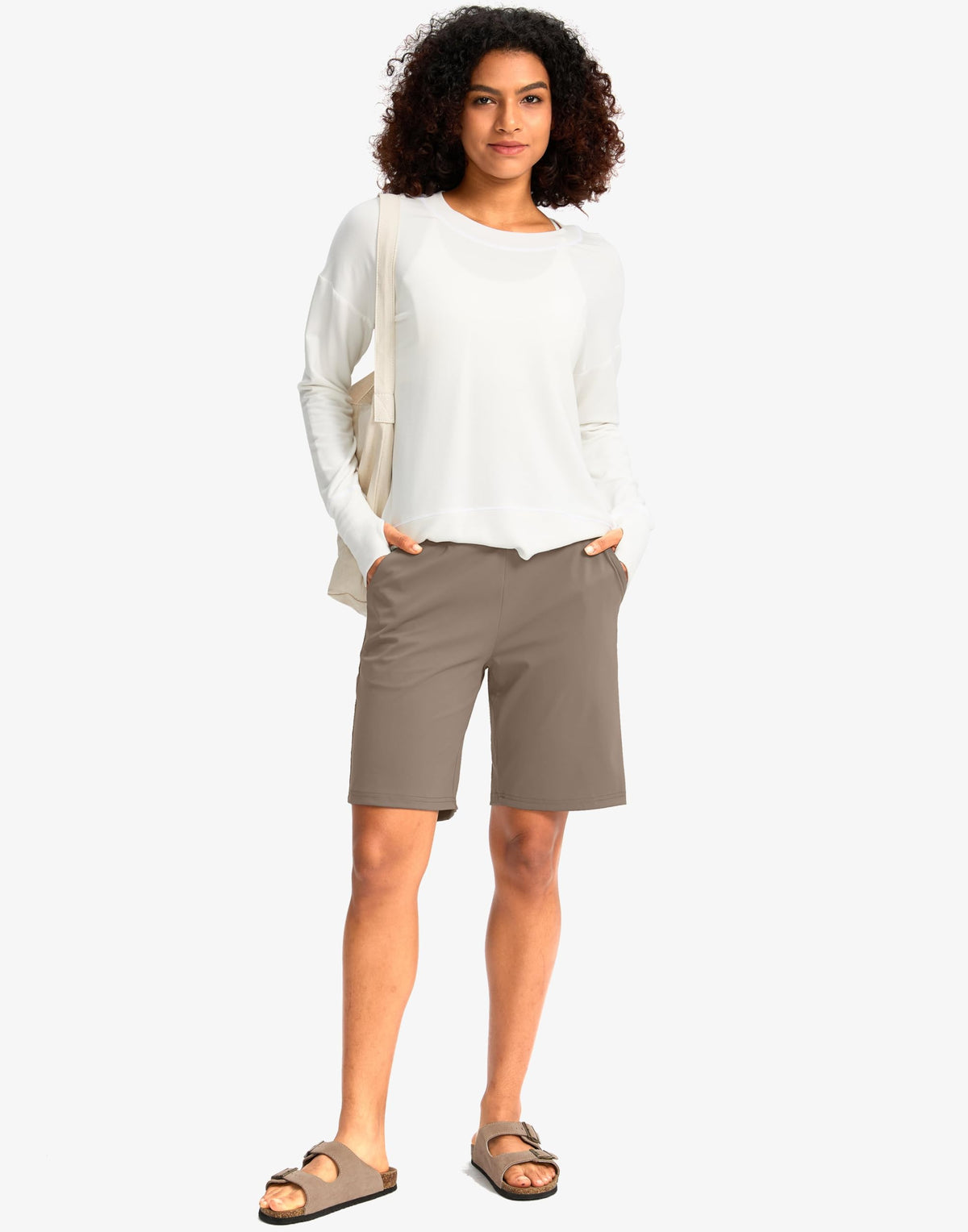 G Gradual Women's Bermuda Long Shorts with Pockets 9" High Waisted Knee Length Shorts for Women Walking Athletic Workout(Taupe,M)