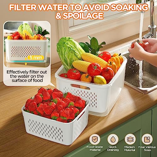 6 PCS Fruit Storage Containers for Fridge with Removable Colanders, 6 Plastic Food Storage Containers with 6 Lids, Leakproof Produce Containers Keep Fruits, Vegetables, Berry, Meat Fresh Longer - color: 6P white