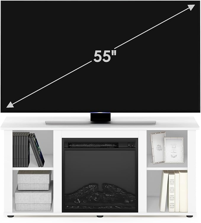 Furinno Jensen Entertainment Center Stand with Fireplace for TV up to 55 Inch, Corded Electric, White