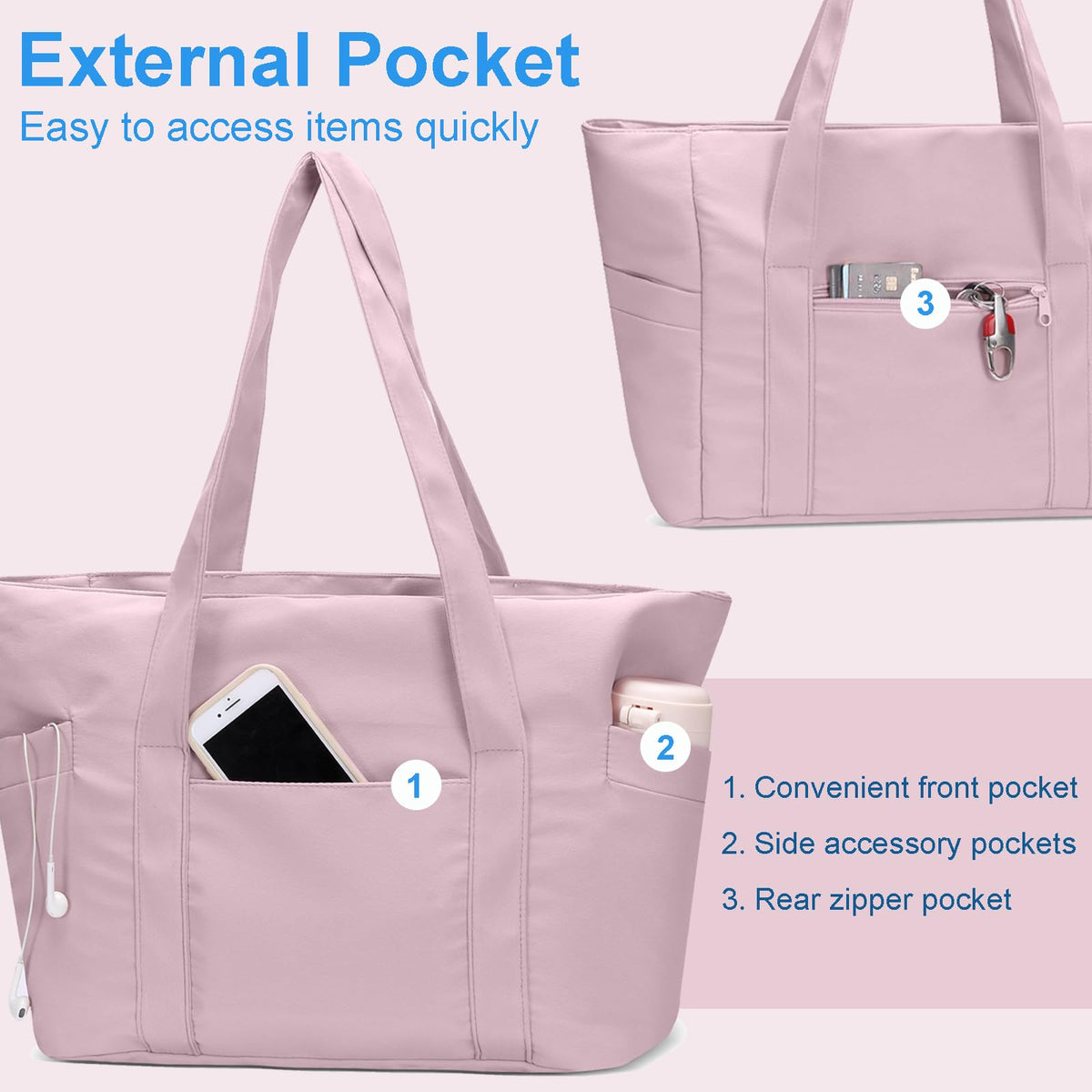 CTWWFS Large Tote Bag for Women with Zipper, Nylon Lightweight Work Tote with 15.6" Laptop Sleeve, Nurse Bag for Work College (Pink)