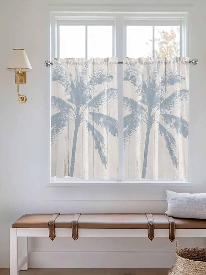 Summer Coconut Tree on Vintage Wood Grain Window Valance Curtains, Seaside