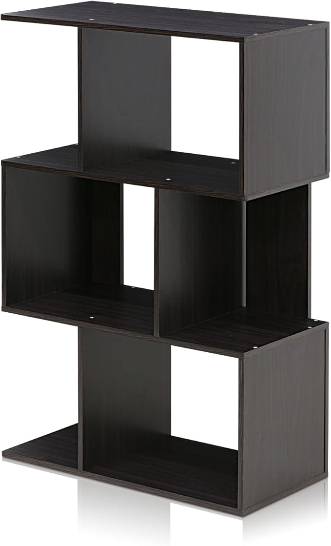 Furinno SIMPLY Book Shelf, 3-Tier Geometric Bookshelf, S-Shape Bookcase with Open Shelf, 11.8" x 23.6" x 37.3", for Organization and Storage, for Living Reoom, Bedroom, Home Office, Espresso