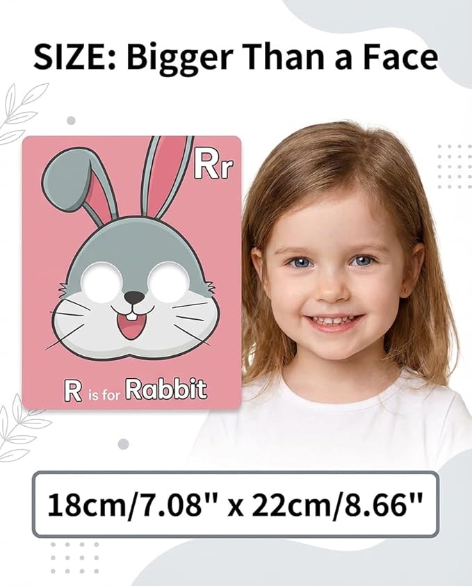 Giant Animal Alphabet Flash Cards with Handheld Animal Masks - 26 Pcs ABC Learning Cards for Toddlers 1-3 - Phonics Mnemonic Letter Recognition Toys for Preschool & Kindergarten Classroom