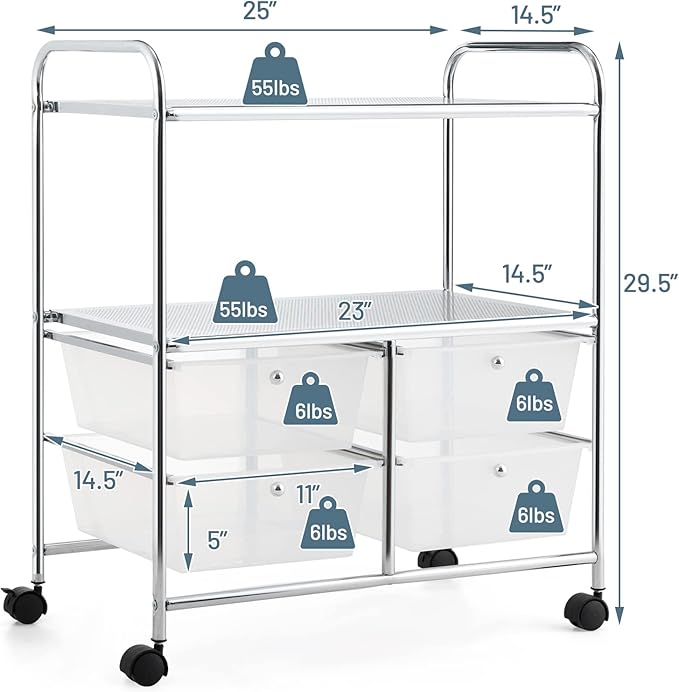 COSTWAY 4-Drawer Storage Cart, Mobile Storage Organizer w/Steel Frame & 360° Wheels, 4-Drawer Utility Cart for Living Room, Kitchen, Bathroom & Office (Clear)