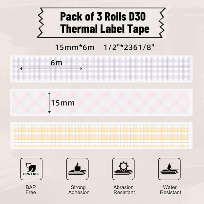 Phomemo D30 Label Maker Continuous Label Tape, Black on The Picnic, Poi-Grid Long Sticker Thermal Paper, Self-Adhesive Color Pattern Long Label Tape, 15mm x 6m (0.59x236.22 Inch)