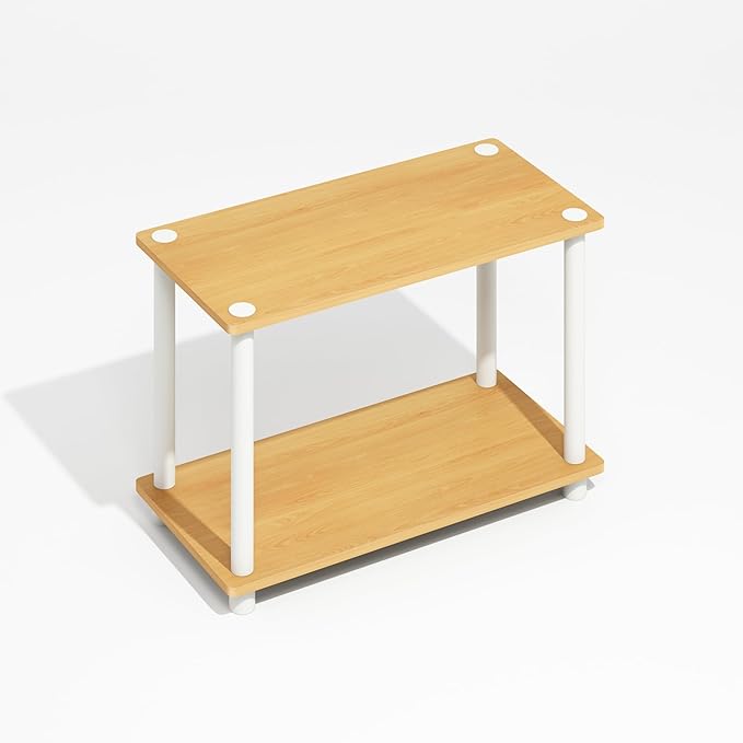 Furinno Turn-N-Tube Side Table, 2-Tier Wide End Table with Open Shelf, Toolless Assembly Night Stand, Bedside Table, for Living Room, Bedroom, Light Beech