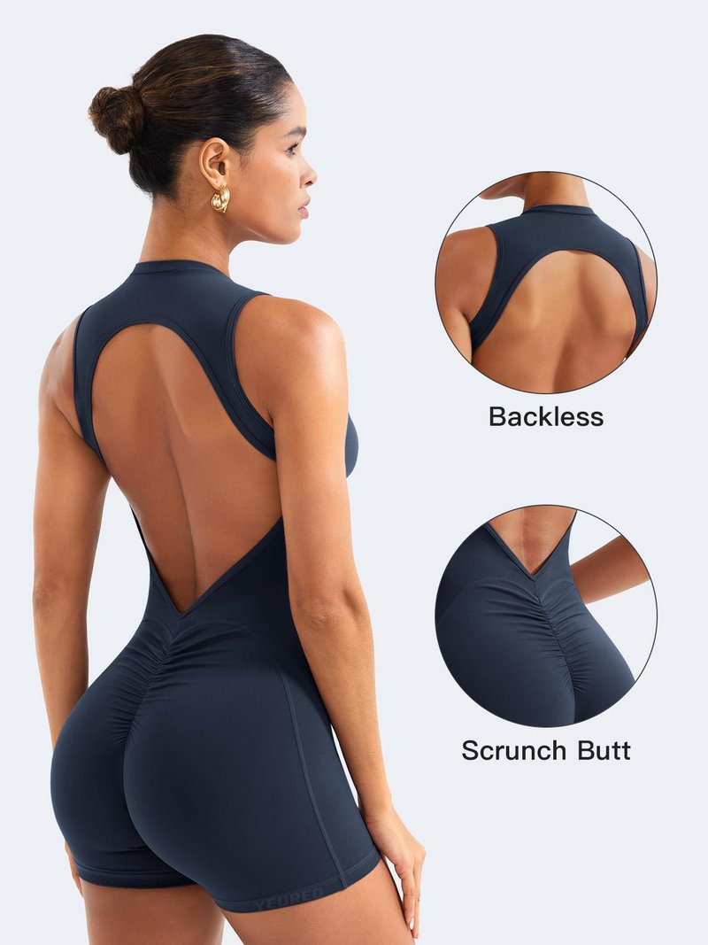 YEOREO Backless Workout Jumpsuits Women One Piece Sleeveless Jumpsuit with Pads Tessia Scrunch Butt Yoga Romper Navy M