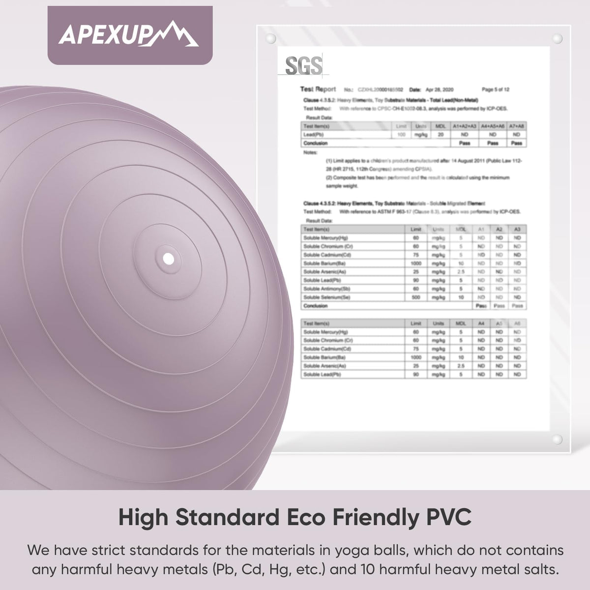 APEXUP Yoga Ball, 660 lbs Anti-Burst Exercise Ball with Pump, 5 Sizes (L (23"~26") 65cm, Mauve)