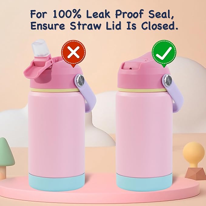 Kerilyn 12oz Kids Water Bottle 2 Pack, Stainless Steel Insulated Water Bottle Bulk, Toddler Cups with Straws Leak-Proof, Kids Water Bottles for School Boys Girls, BPA Free, Pink+Green 2 Piece Set