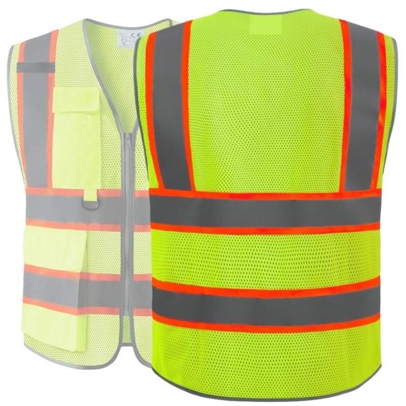 IDOU Yellow Reflective Safety Vest, High Visibility Work Vest for Men Women with 8 Utility Pockets, Zipper & Breathable Mesh/L