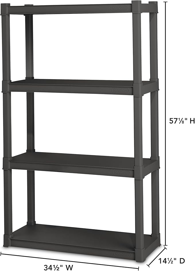 Sterilite 4 Shelf Plastic Storage Unit Bundled with Easy to Assemble Storage Cabinet for Garage, Pantry & Kitchen Organization, 4 Shelves, Gray