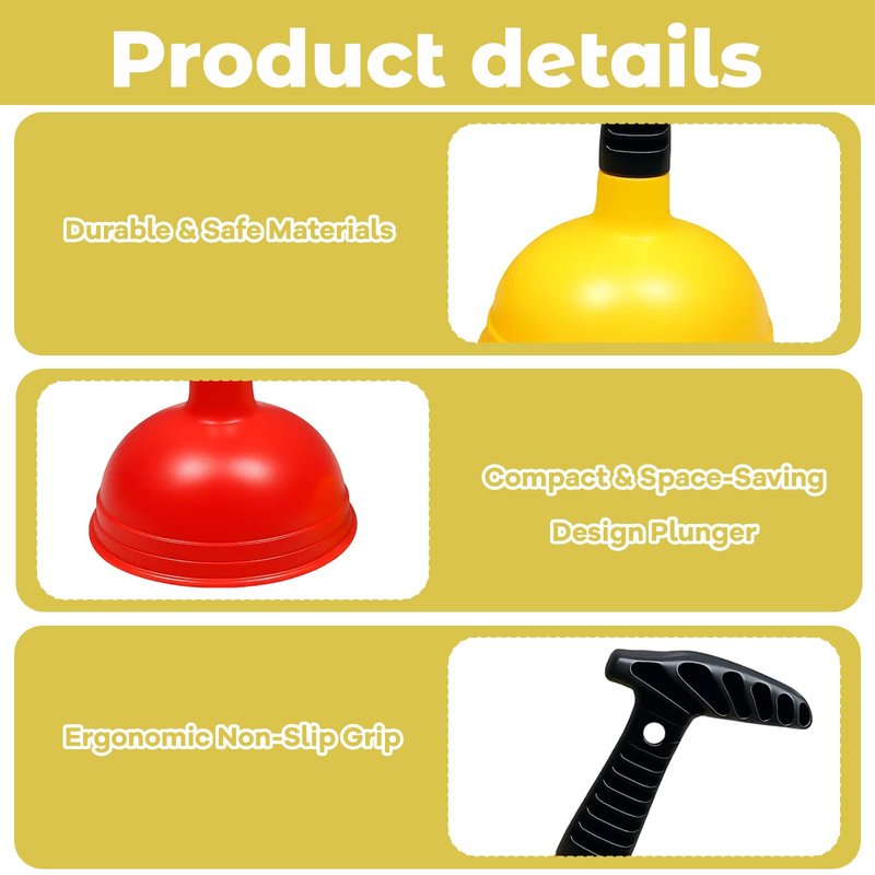 4 Pack Sink Plunger Set, Kitchen Sink Plunger and Bathroom Drain Unclogging Tools, Includes 2 Standard Plungers and 2 Drain Cleaners, Red and Yellow