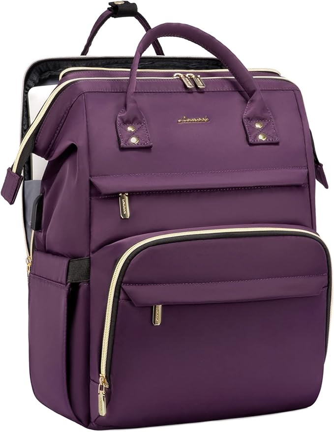 LOVEVOOK Laptop Backpack Women, 15.6 Inch Backpack with Charger, Water Resistant Teacher Bag Work Backpack with Laptop Compartment for Travel Business College, Dark Purple