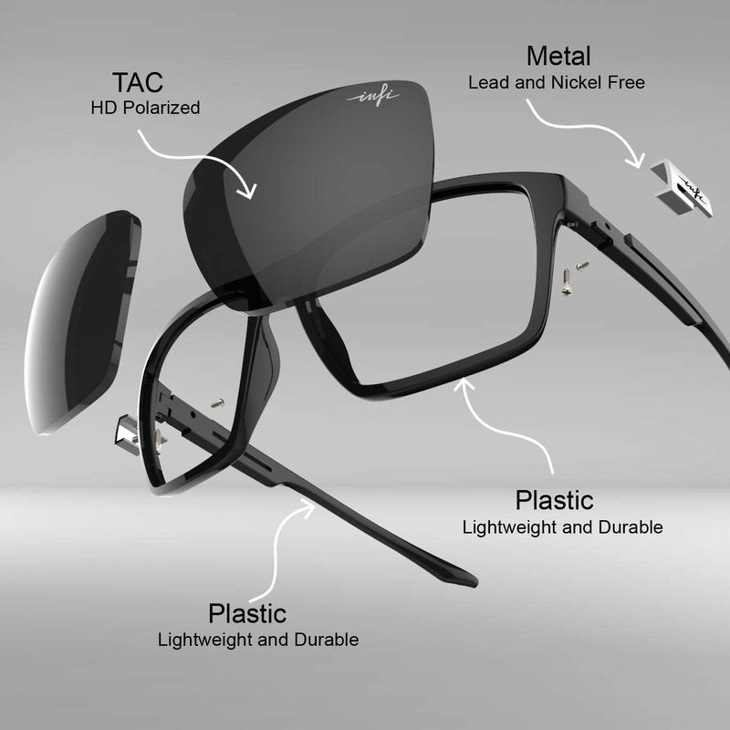 INFI Fishing Polarized Sunglasses for Men Driving Running Golf Sports Glasses Square UV Protection Designer Style Unisex (Shiny Black/Crystal)