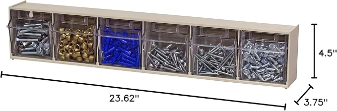 Akro-Mils TiltView Plastic Storage Cabinet with 6 Tilt Out Bins, Horizontal Plastic Parts Organizer, Teacher Toolbox, and Office Supply Organizer, 23-5/8" W x 3-1/2" H x 3-3/4" D, Stone
