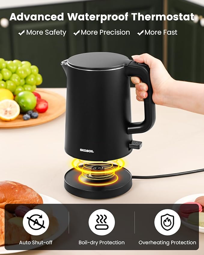 SKOBOIL Electric Kettle Small for Tea & Coffee, 0.8L (27OZ) Double Wall Stainless Steel Hot Water Boiler, Fast Boiling Water Heater & Teapot with Auto Shut-Off, Boil-Dry Protection