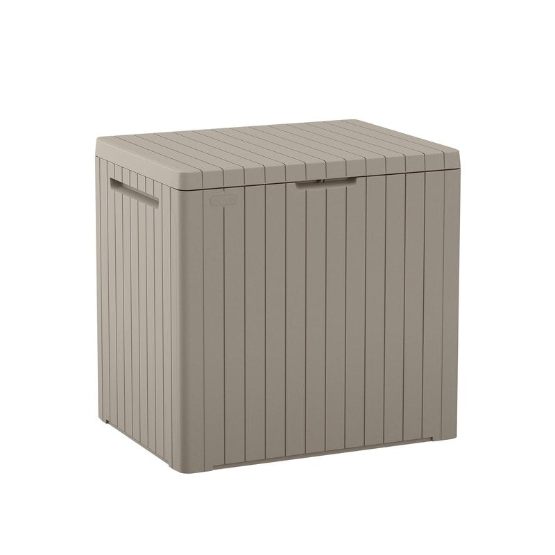 Keter City 30 Gallon Resin Outdoor Storage Box and Patio Furniture Side Table for Pool and Garden Accessories, Beige