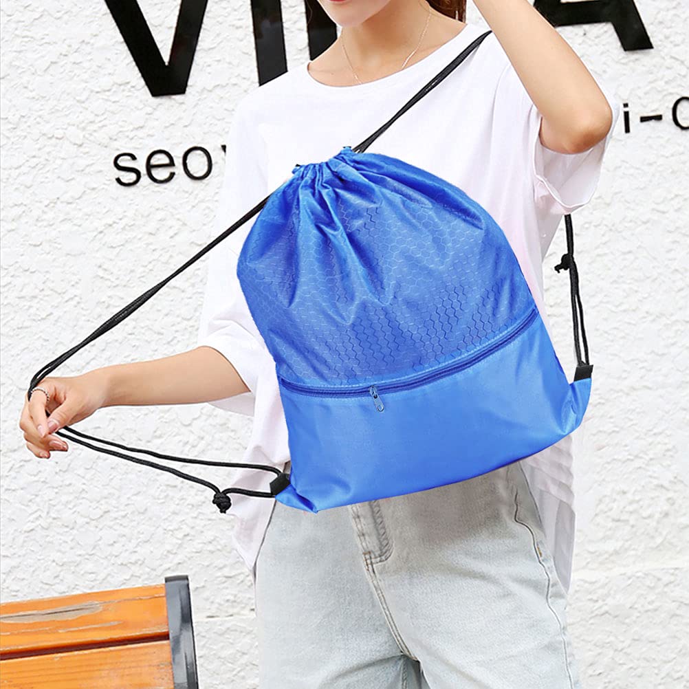 Drawstring Backpack Bag, Sports Gym Sackpack with Zipper Pocket-Deep Blue