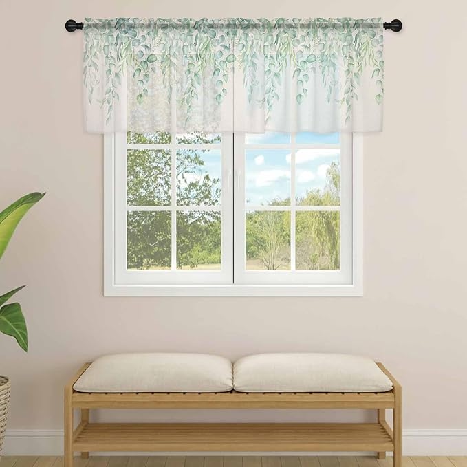Green Leaf Sheer Valance Curtains, Eucalyptus Leaves Vintage Linen Texture